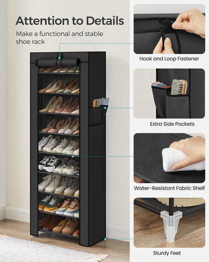 10-Tier Shoe Tower Rack with Cover 27-Pair Space Saving Shoe Storage Organizer Black