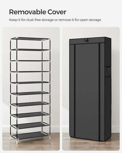 10-Tier Shoe Tower Rack with Cover 27-Pair Space Saving Shoe Storage Organizer Black