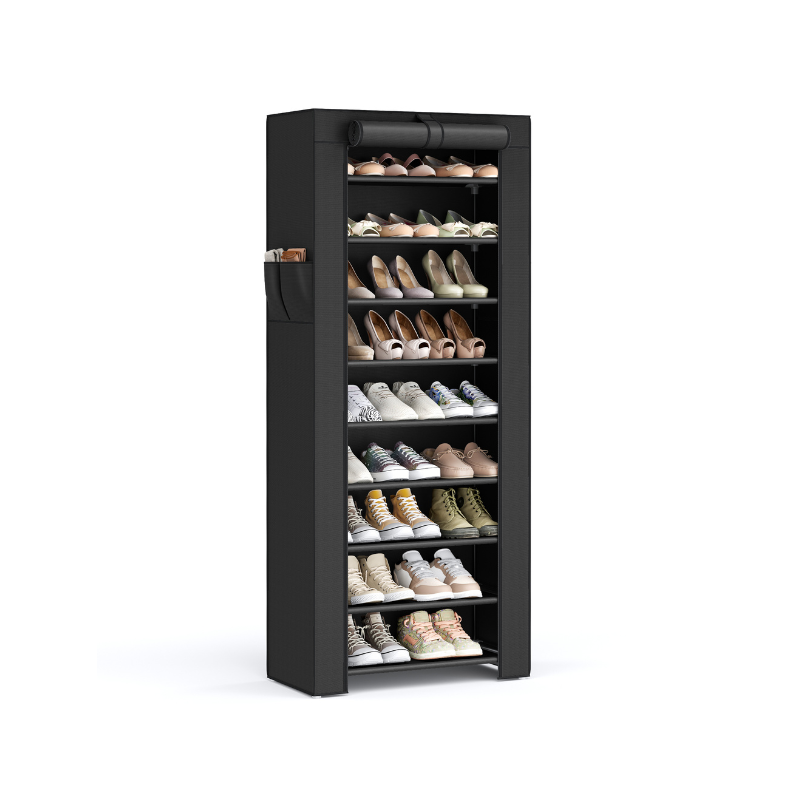 10-Tier Shoe Tower Rack with Cover 27-Pair Space Saving Shoe Storage Organizer Black