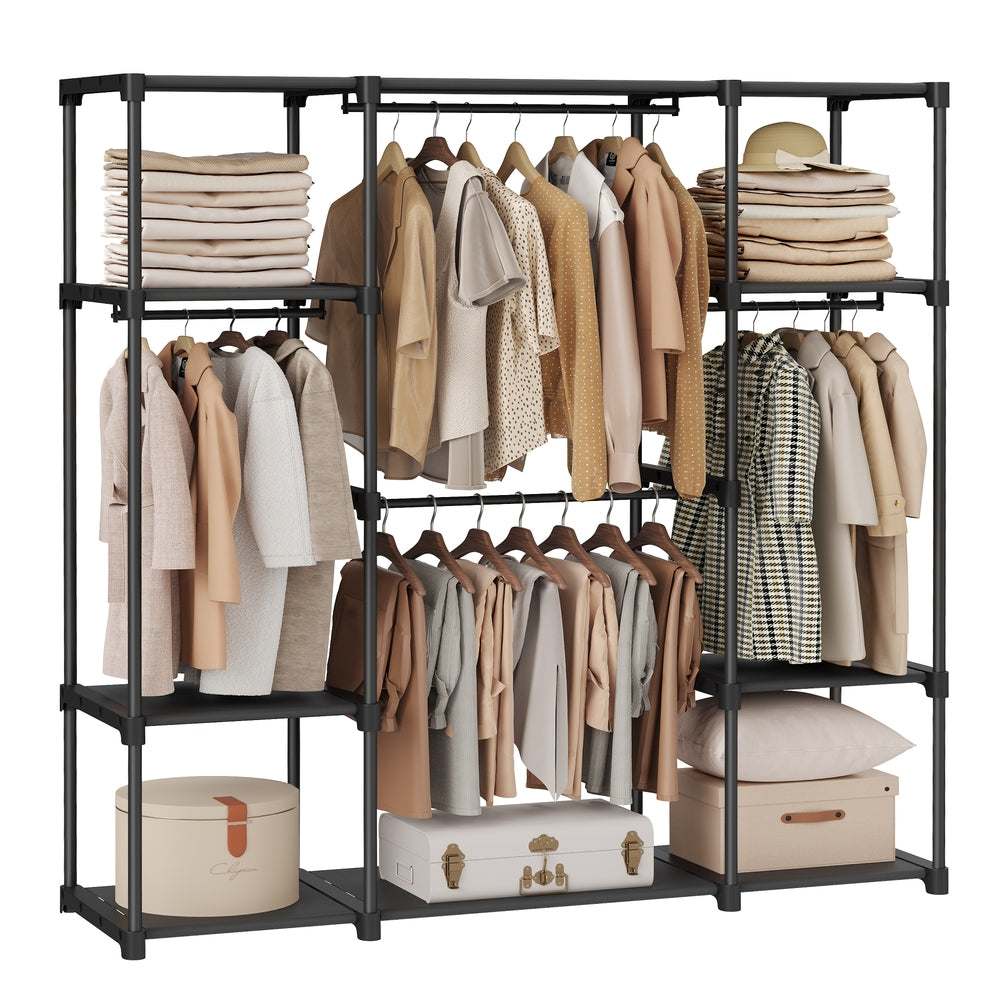 Freestanding Clothes Rack with Shelves, Hanging Rods