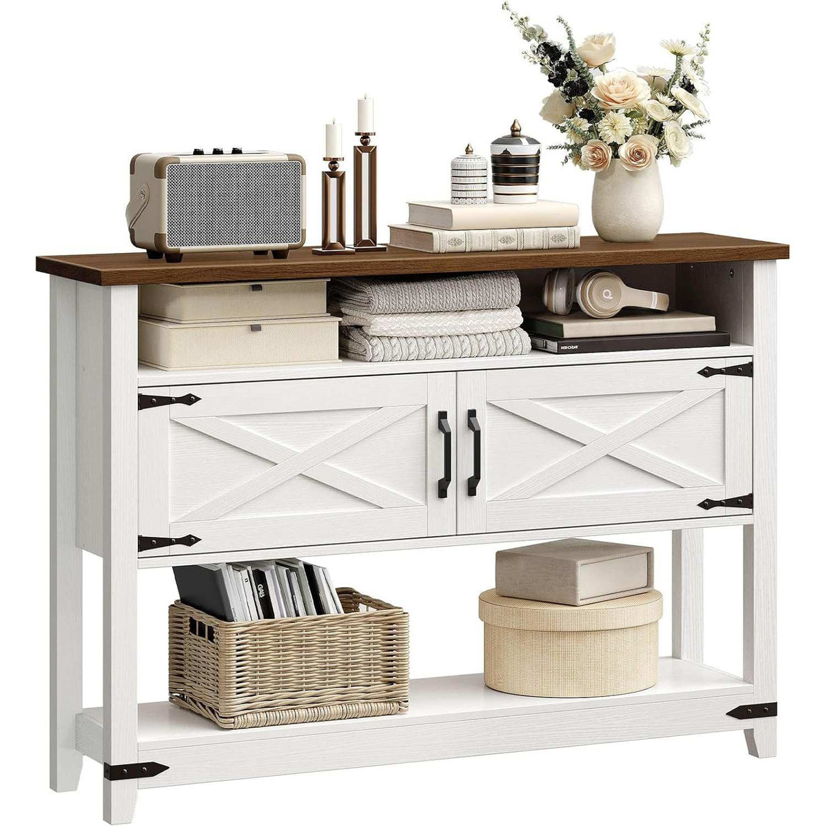 Farmhouse Entryway Table with Storage - White & Walnut