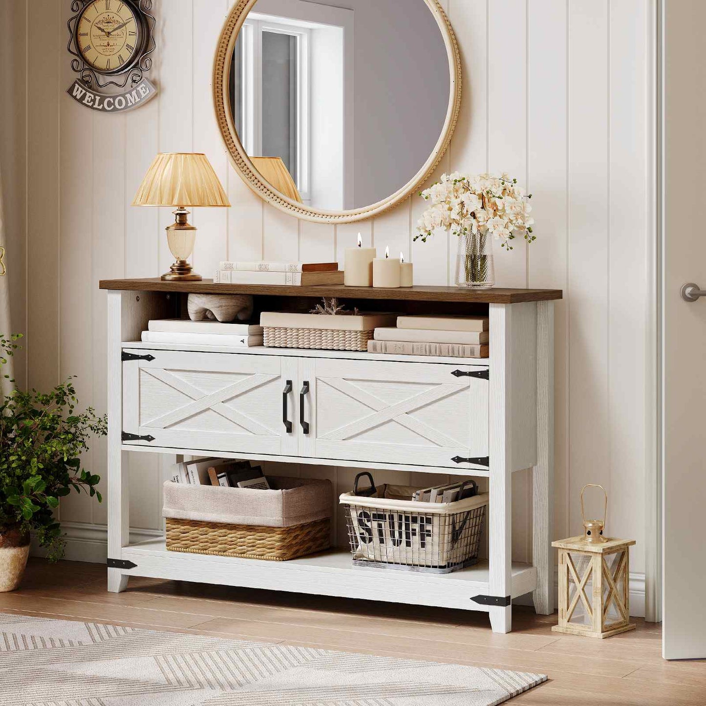 Farmhouse Entryway Table with Storage - White & Walnut