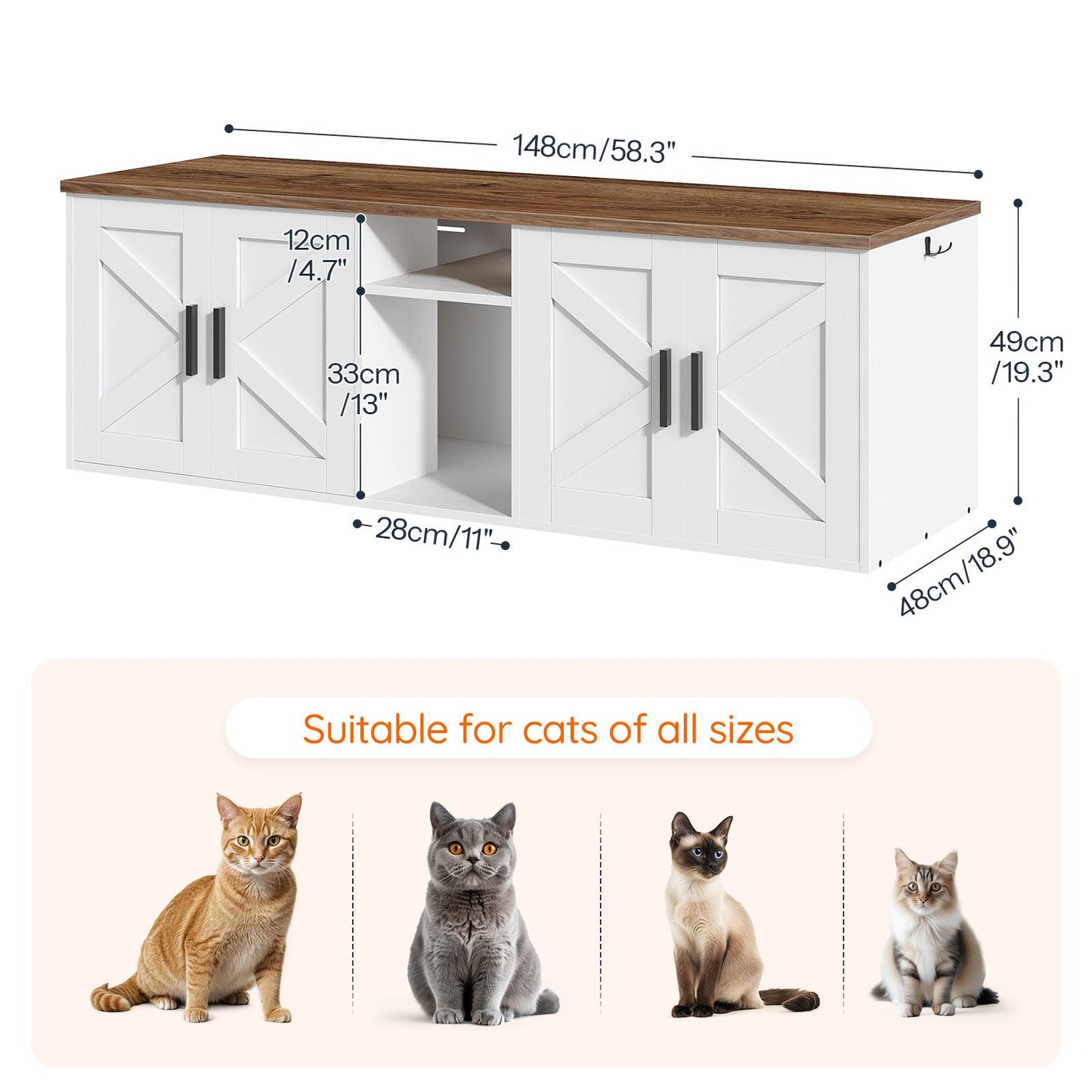 Double Litter Box Enclosure with Storage - White & Walnut