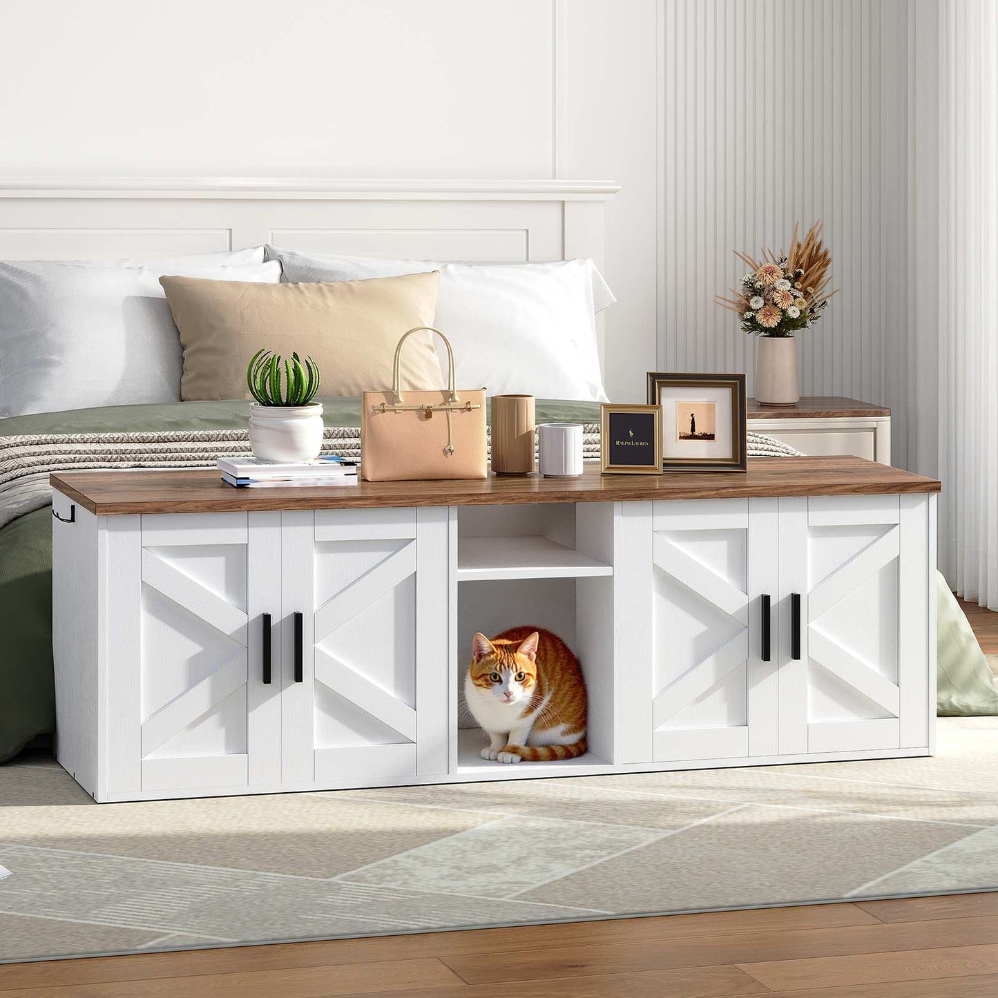 Double Litter Box Enclosure with Storage - White & Walnut