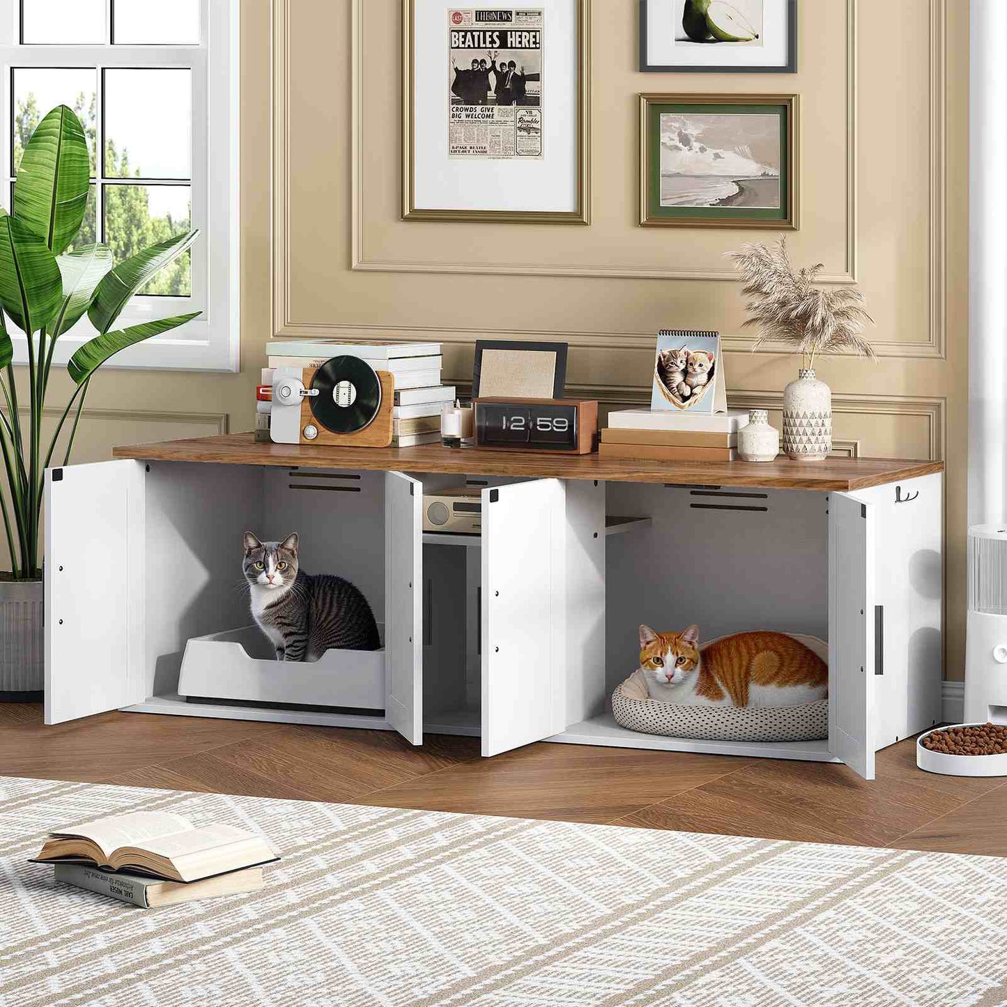 Double Litter Box Enclosure with Storage - White & Walnut