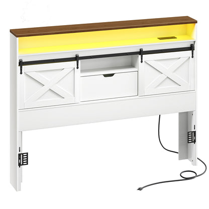 Headboard Queen Size with Storage Charging Station - White & Walnut