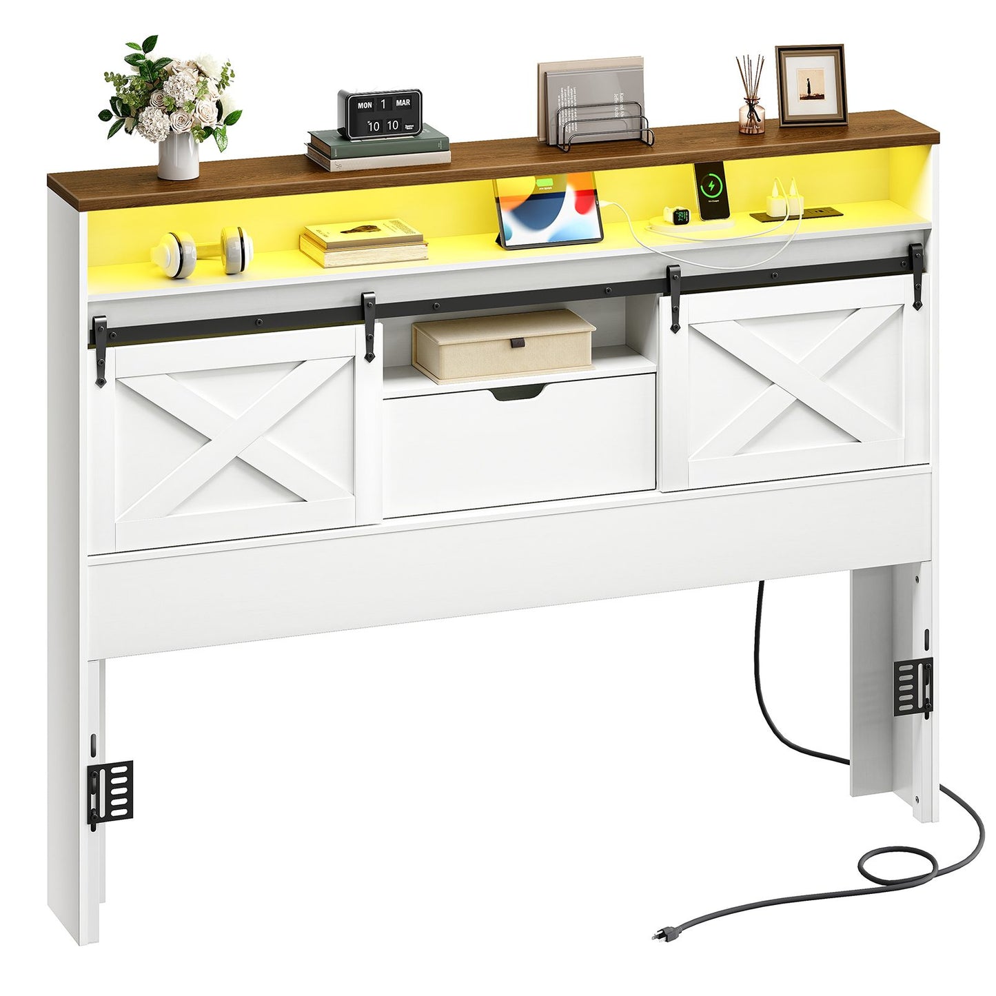 Headboard Queen Size with Storage Charging Station - White & Walnut
