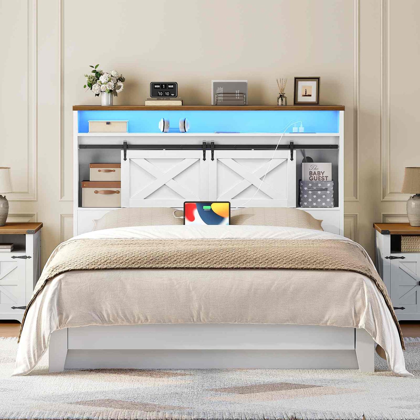Headboard Queen Size with Storage Charging Station - White & Walnut