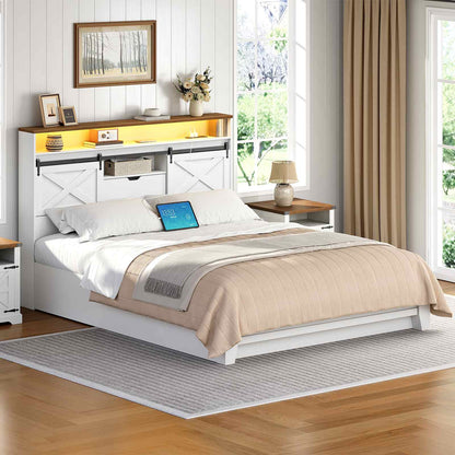 Headboard Queen Size with Storage Charging Station - White & Walnut