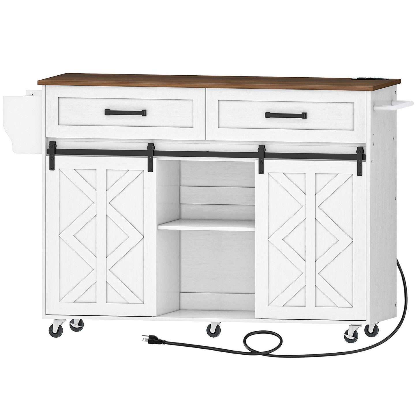 Kitchen Island with Power Outlet with Drawers - White & Walnut