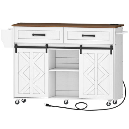 Kitchen Island with Power Outlet with Drawers - White & Walnut