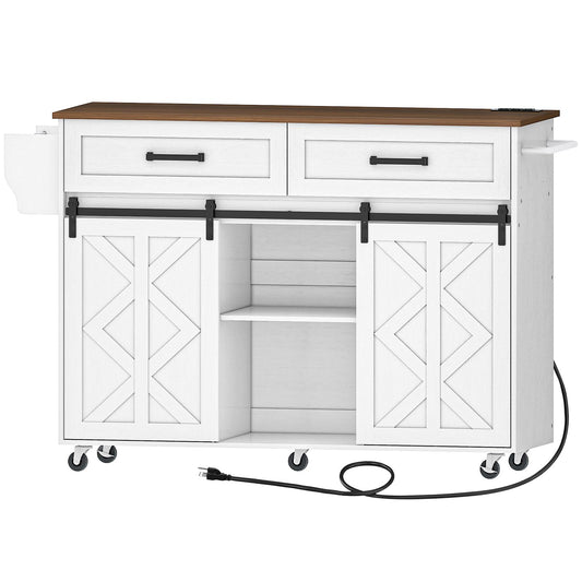 Kitchen Island with Power Outlet with Drawers - White & Walnut