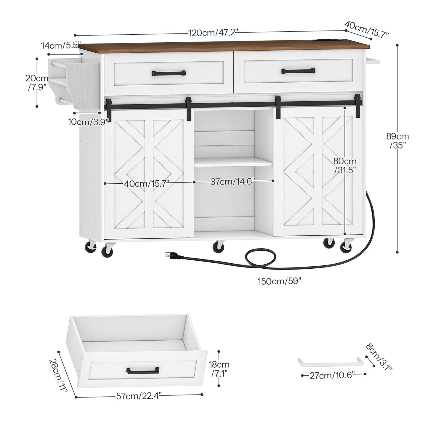 Kitchen Island with Power Outlet with Drawers - White & Walnut
