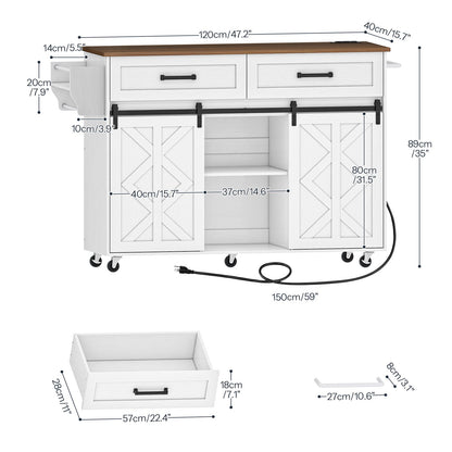 Kitchen Island with Power Outlet with Drawers - White & Walnut
