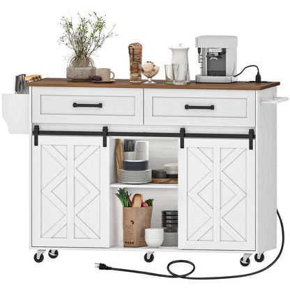 Kitchen Island with Power Outlet with Drawers - White & Walnut