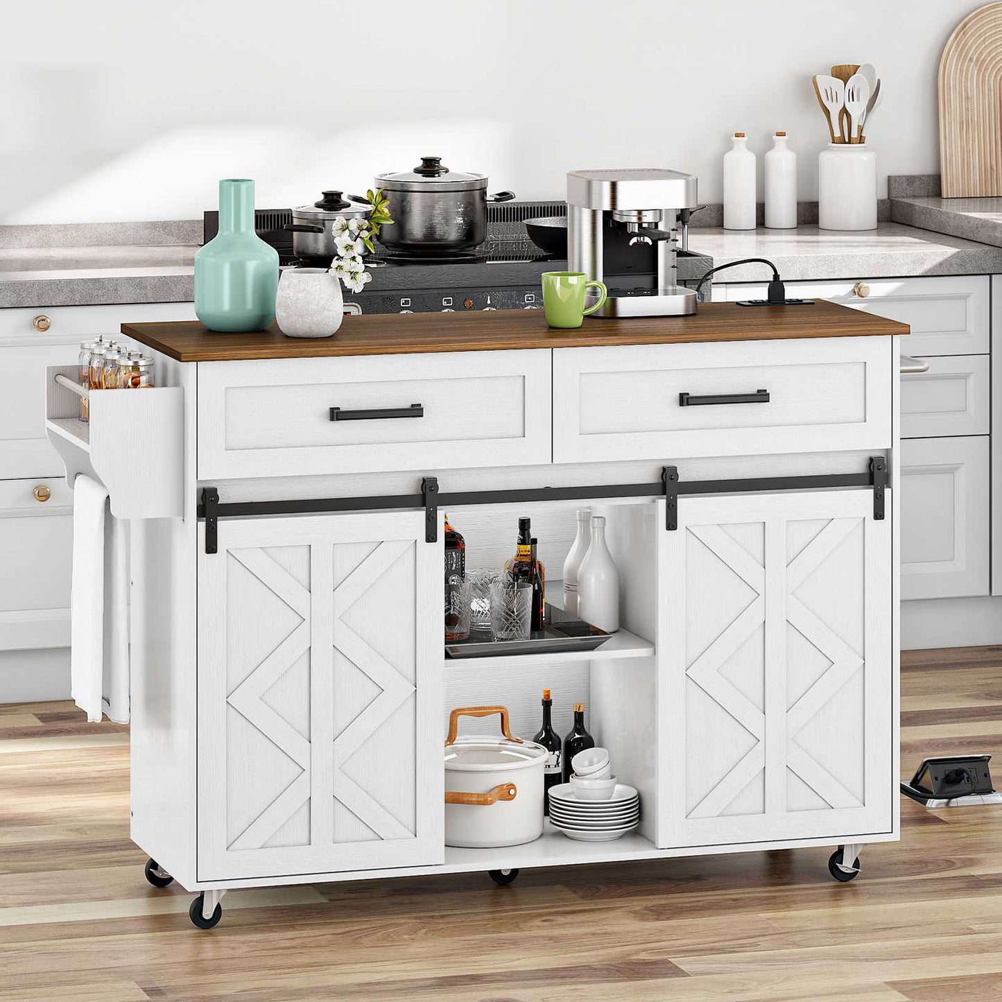 Kitchen Island with Power Outlet with Drawers - White & Walnut