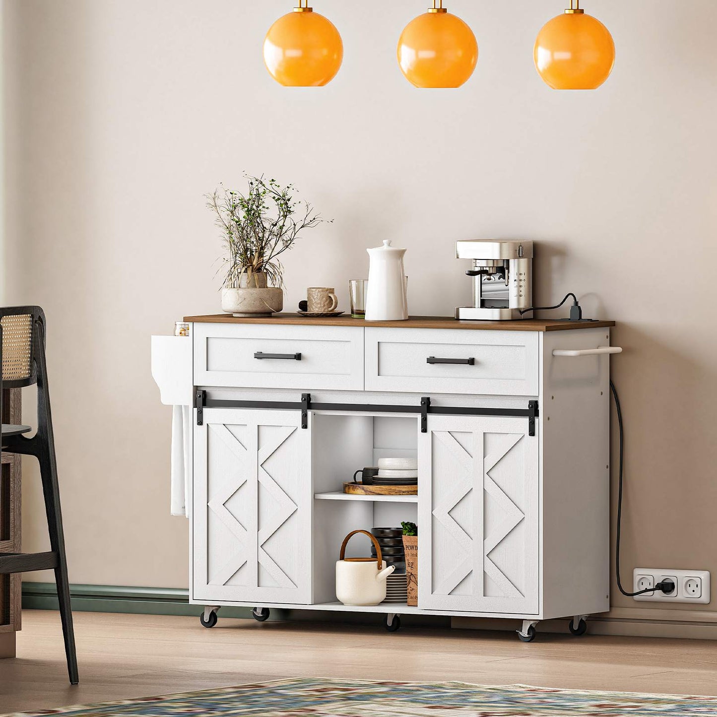 Kitchen Island with Power Outlet with Drawers - White & Walnut
