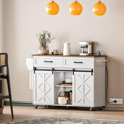 Kitchen Island with Power Outlet with Drawers - White & Walnut