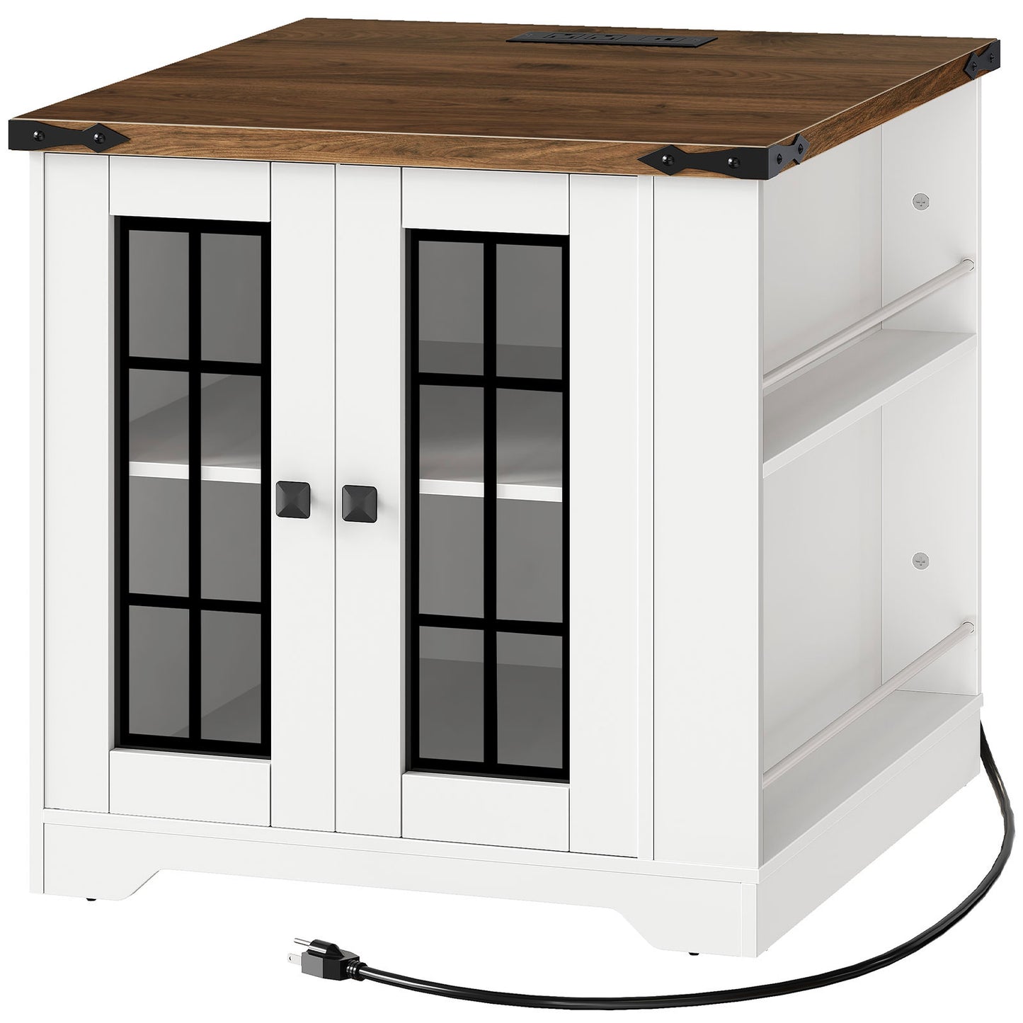 Farmhouse End Table with Charging Station - White & Walnut