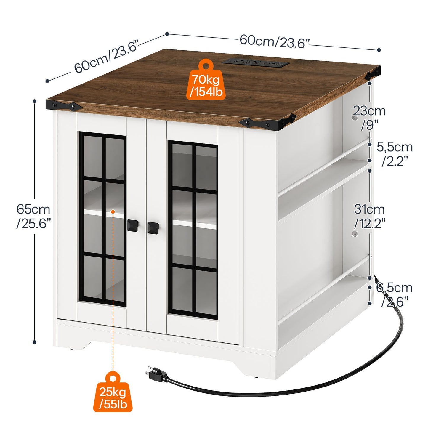 Farmhouse End Table with Charging Station - White & Walnut