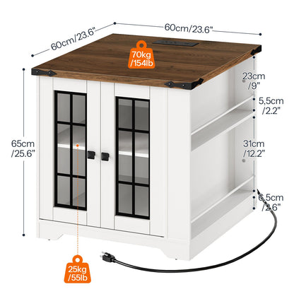 Farmhouse End Table with Charging Station - White & Walnut