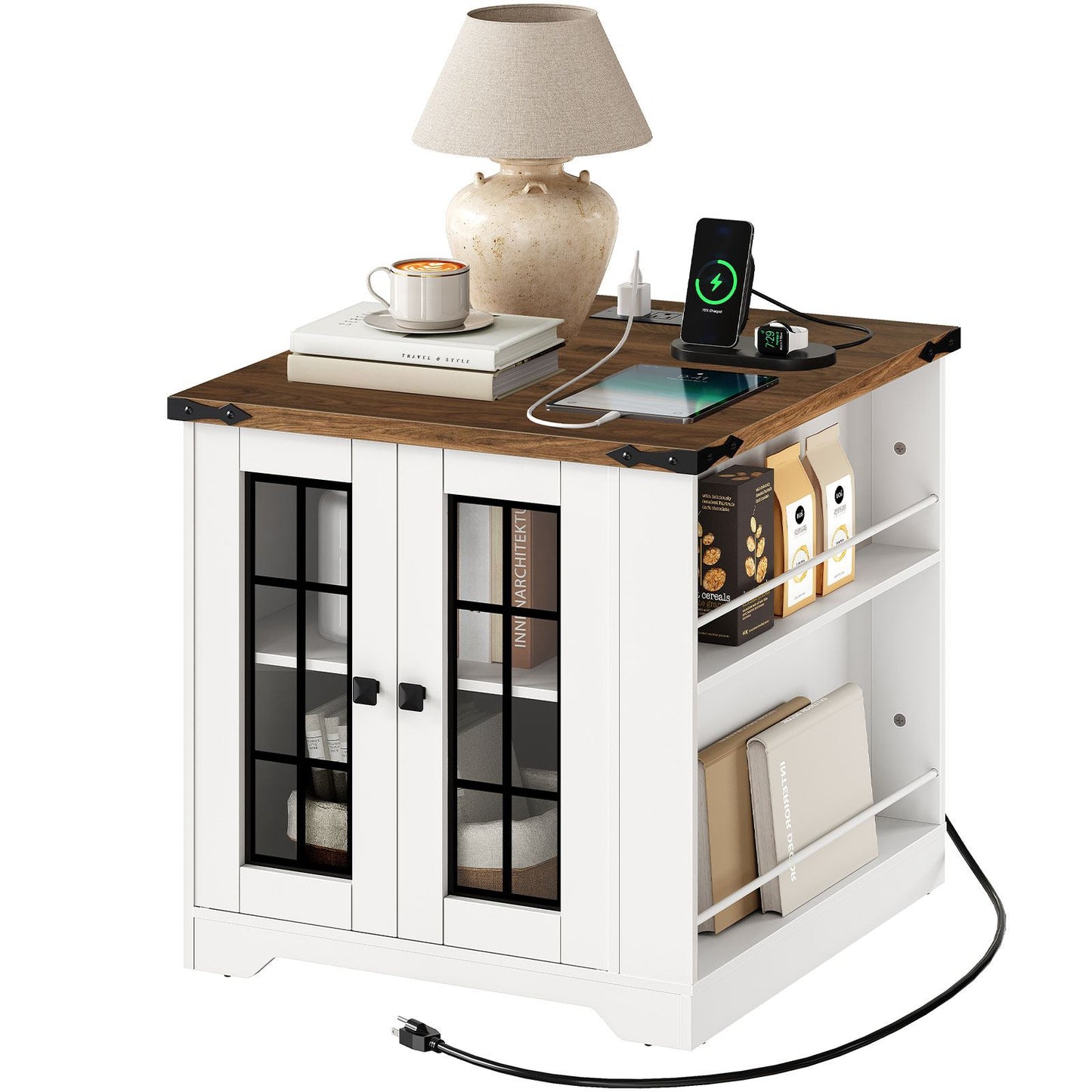 Farmhouse End Table with Charging Station - White & Walnut
