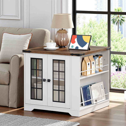 Farmhouse End Table with Charging Station - White & Walnut