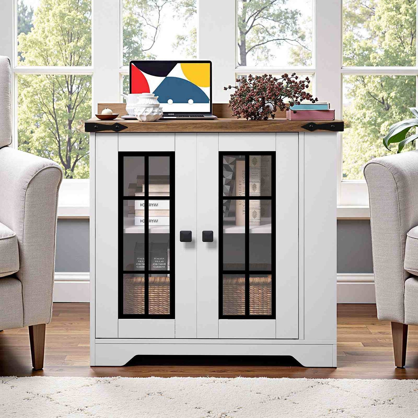 Farmhouse End Table with Charging Station - White & Walnut