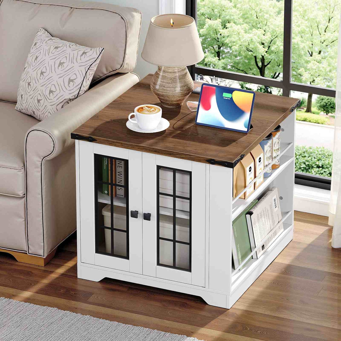 Farmhouse End Table with Charging Station - White & Walnut