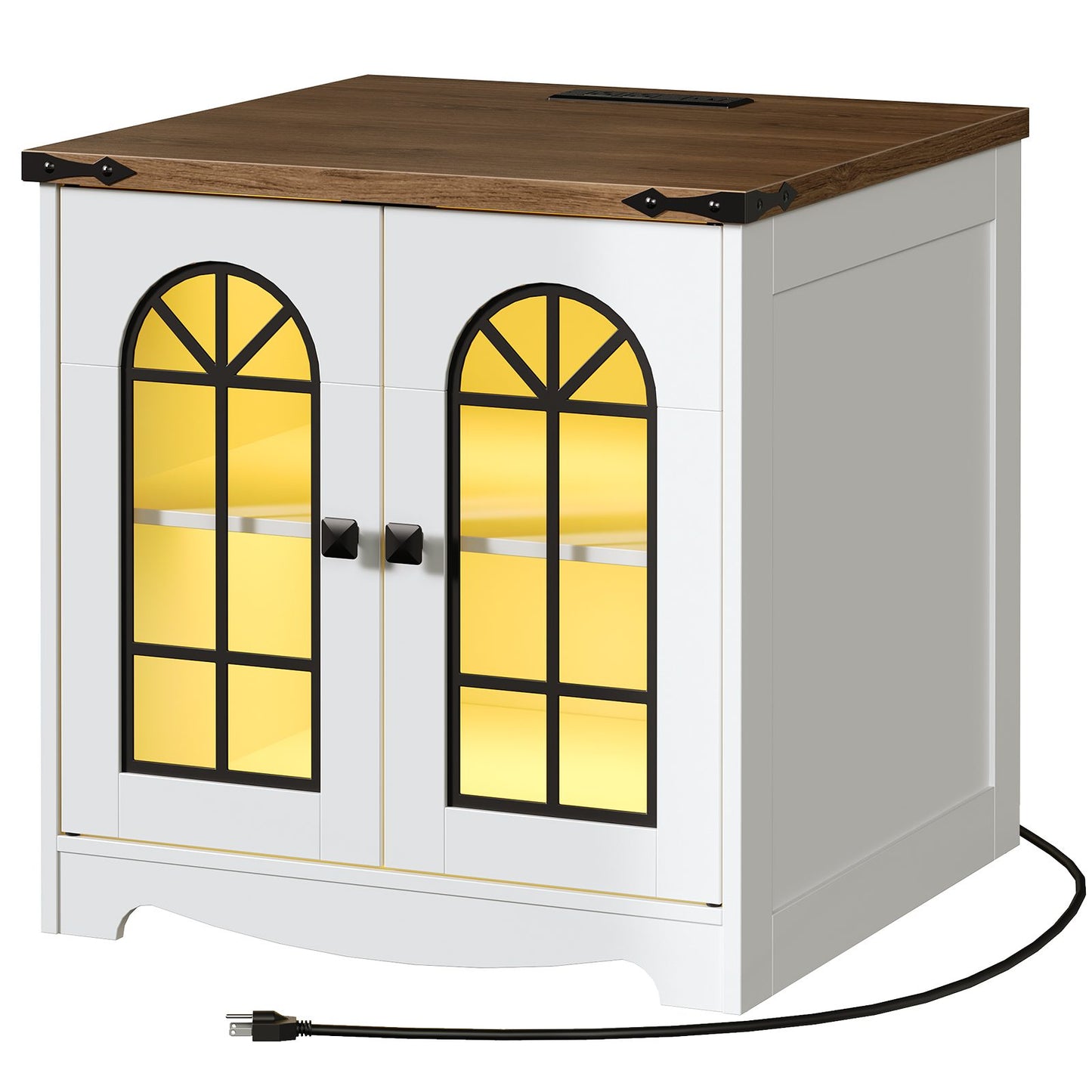 Farmhouse End Table Charging Station - White & Walnut