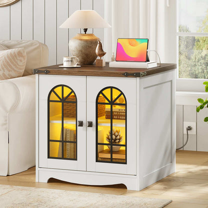 Farmhouse End Table Charging Station - White & Walnut