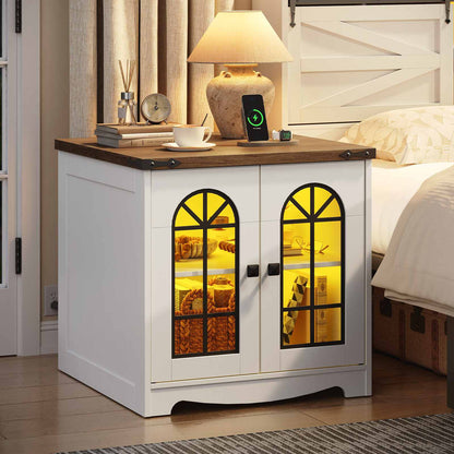 Farmhouse End Table Charging Station - White & Walnut