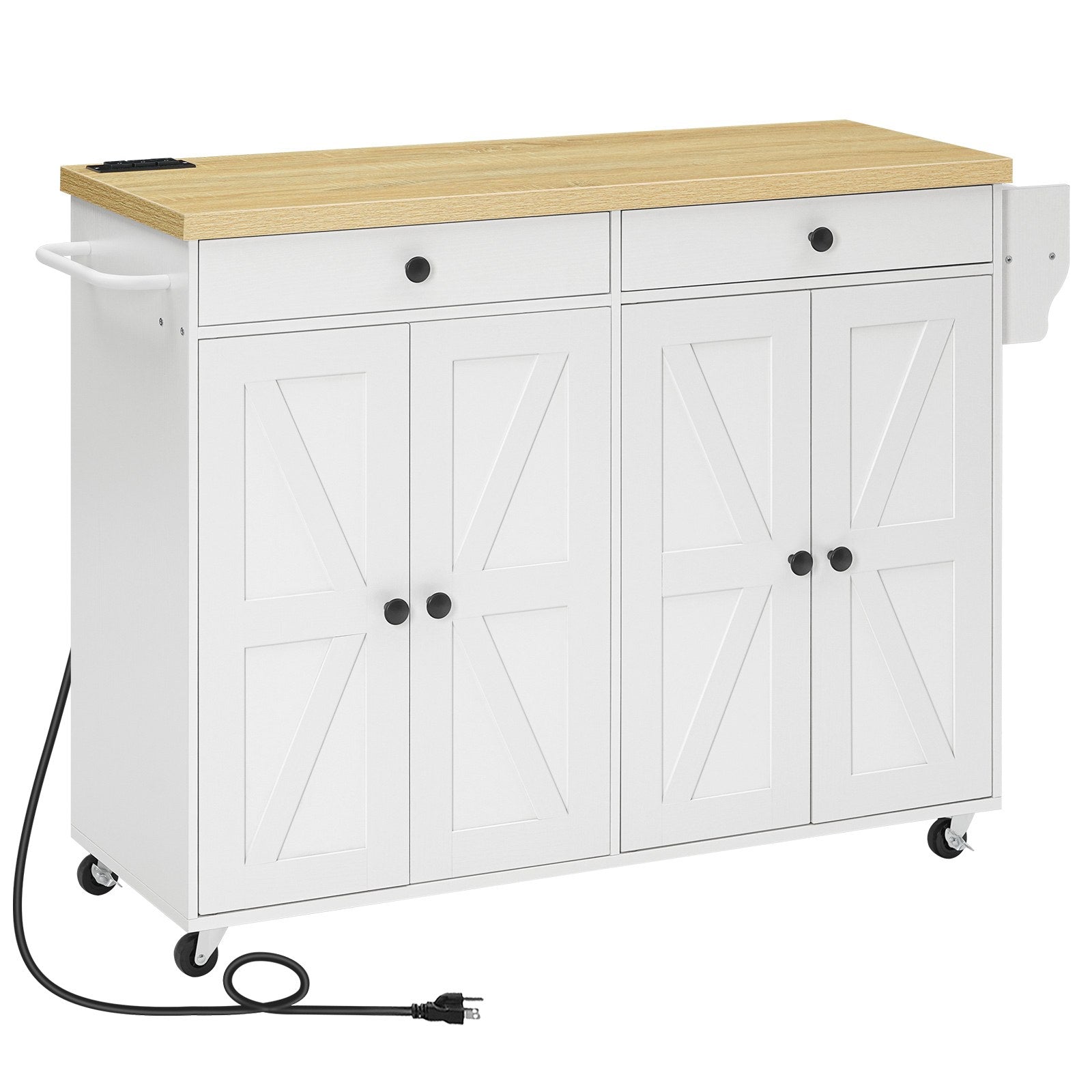 Kitchen Island with Power Outlet with Storage - White & Natural - HWLEXTRA 