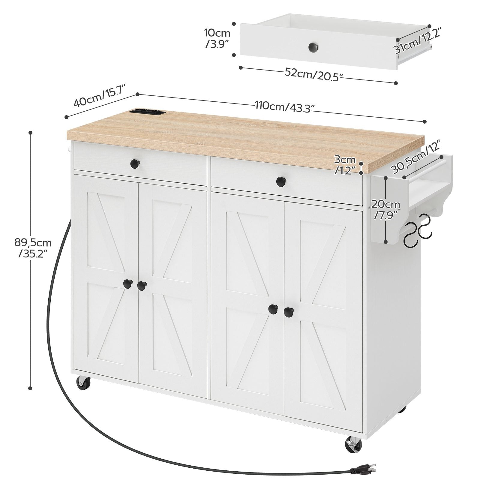 Kitchen Island with Power Outlet with Storage - White & Natural - HWLEXTRA 