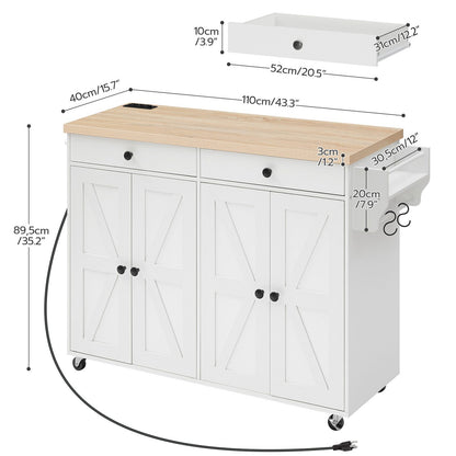 Kitchen Island with Power Outlet with Storage - White & Natural - HWLEXTRA 