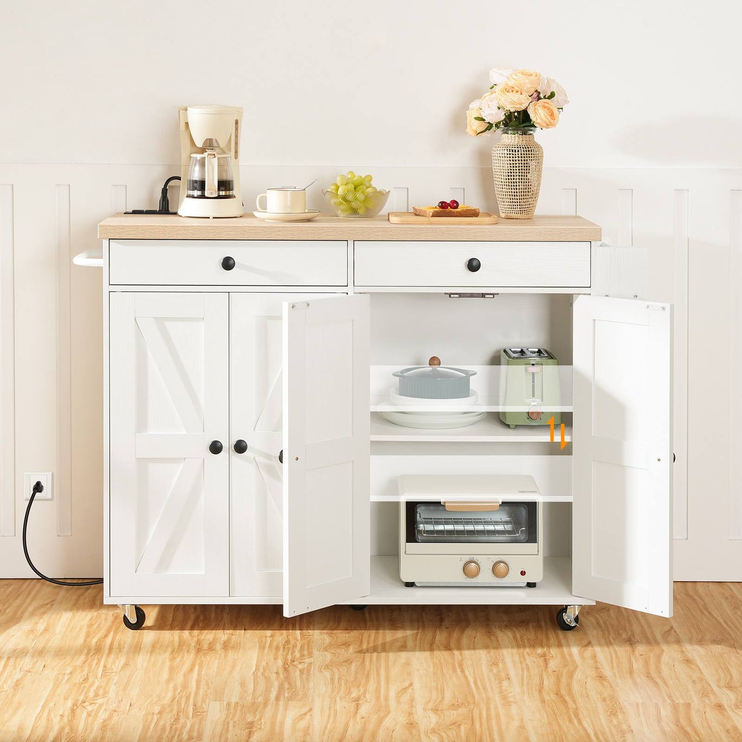 Kitchen Island with Power Outlet with Storage - White & Natural - HWLEXTRA 