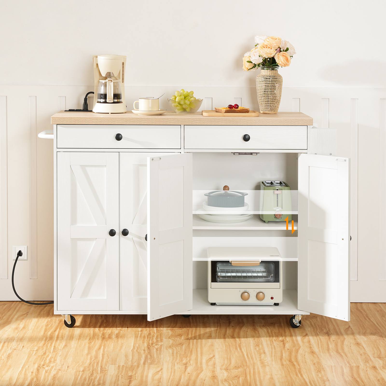 Kitchen Island with Power Outlet with Storage - White & Natural - HWLEXTRA 