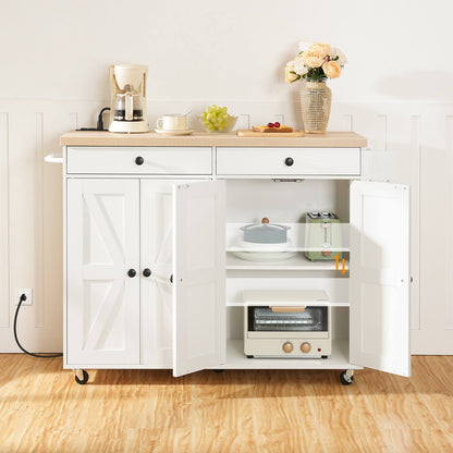 Kitchen Island with Power Outlet with Storage - White & Natural - HWLEXTRA 