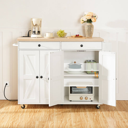Kitchen Island with Power Outlet with Storage - White & Natural - HWLEXTRA 