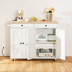 Kitchen Island with Power Outlet with Storage - White & Natural - HWLEXTRA 