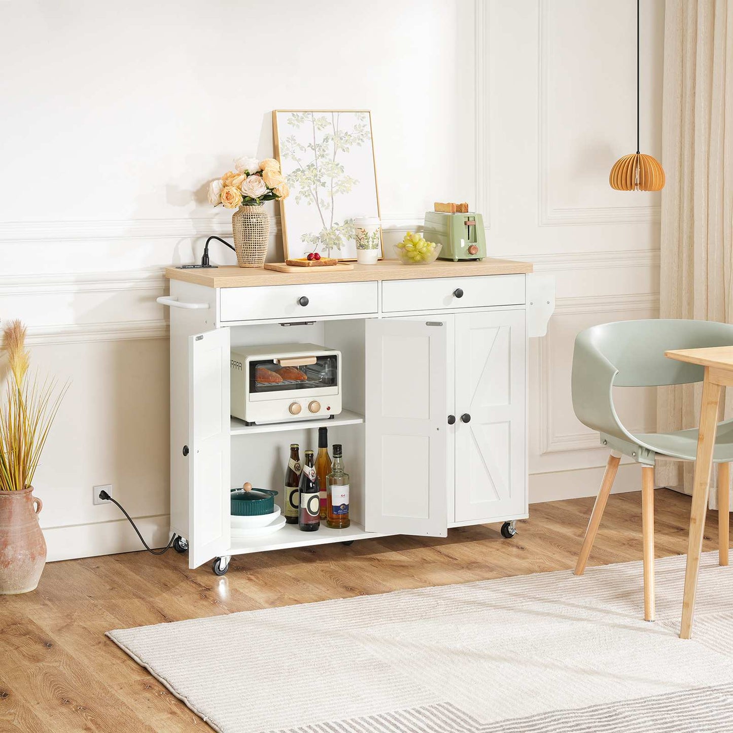 Kitchen Island with Power Outlet with Storage - White & Natural - HWLEXTRA 