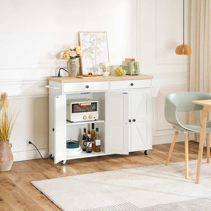 Kitchen Island with Power Outlet with Storage - White & Natural - HWLEXTRA 