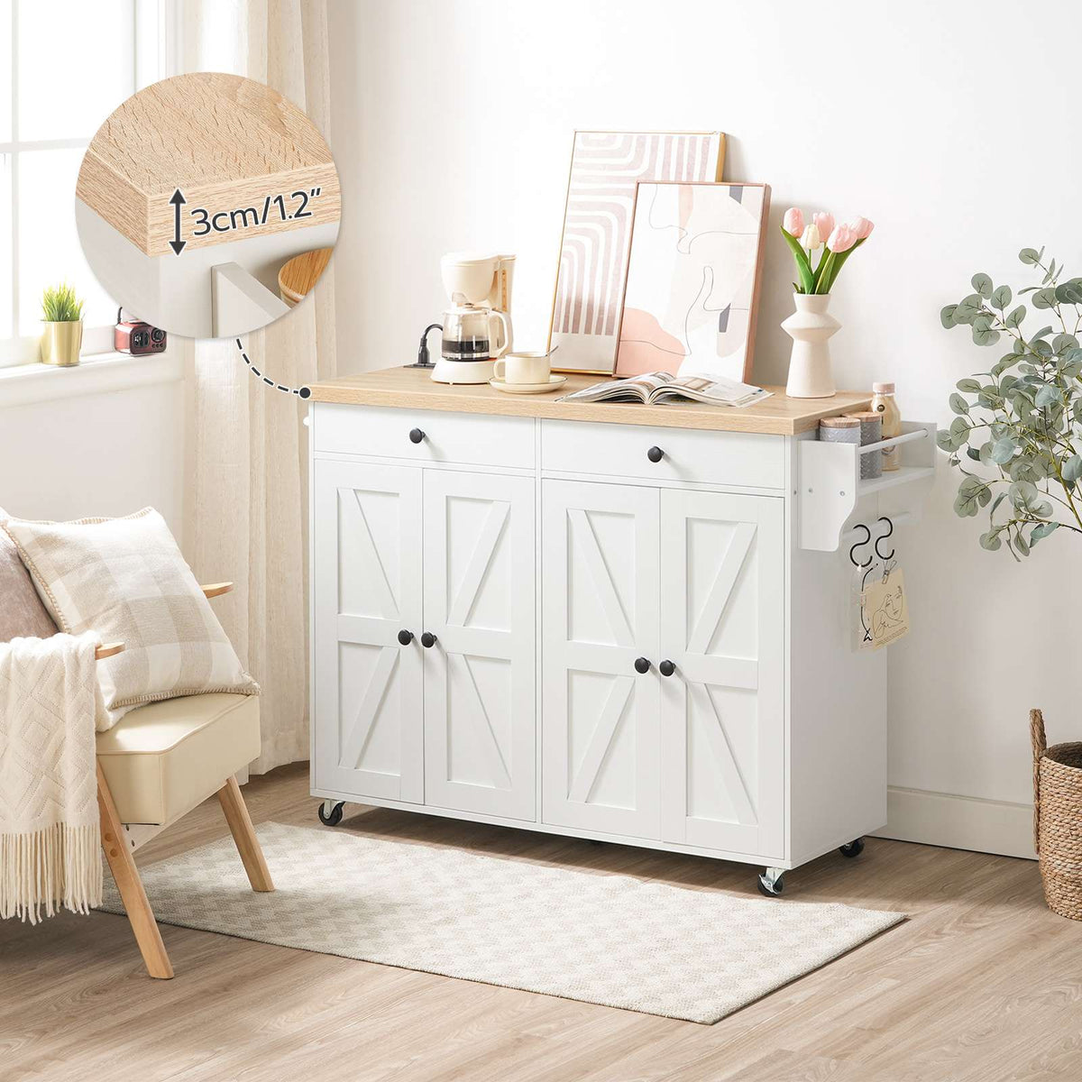 Kitchen Island with Power Outlet with Storage - White & Natural - HWLEXTRA 