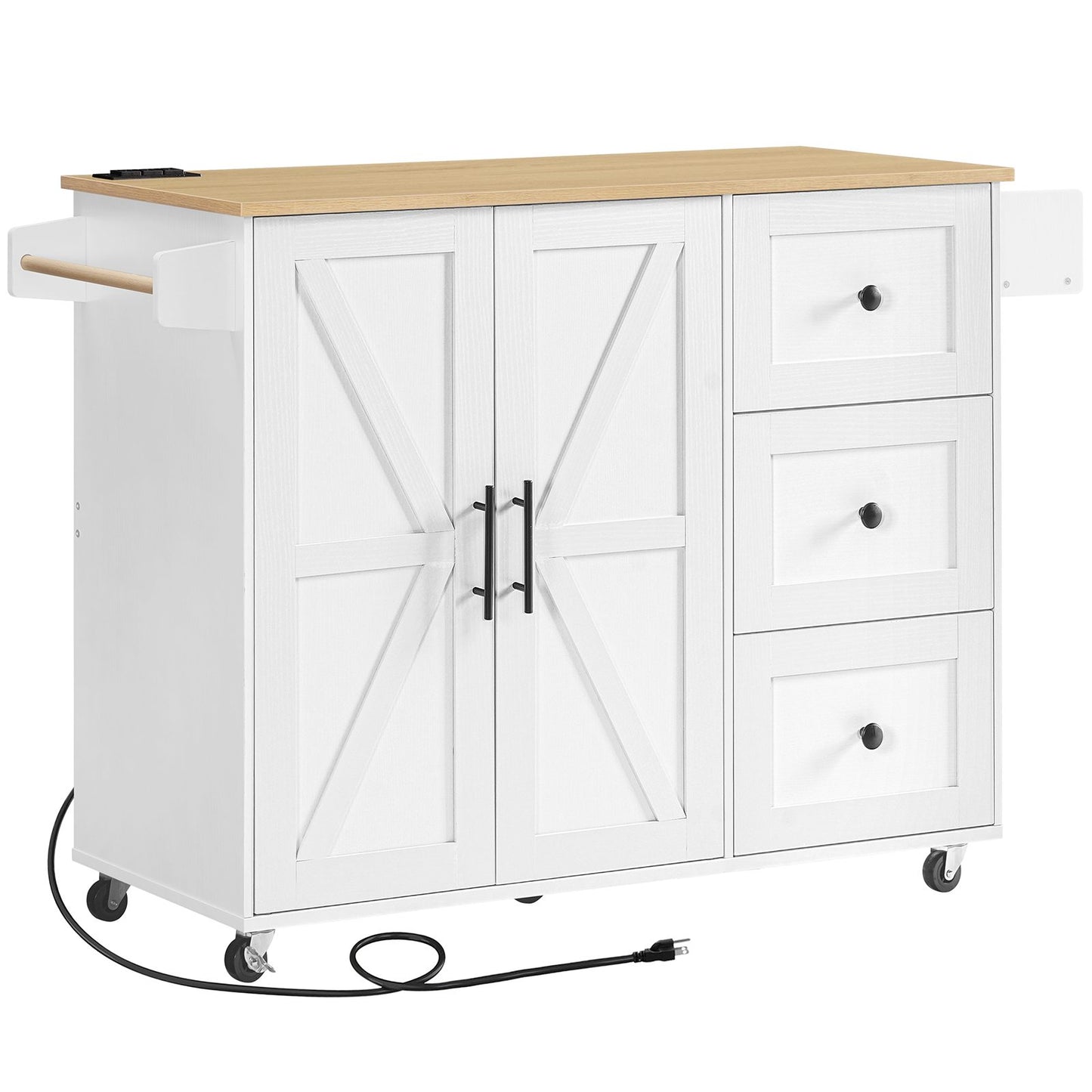 Kitchen Island with Power Outlet, Power Outlets - White & Natural