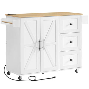 Kitchen Island with Power Outlet, Power Outlets - White & Natural