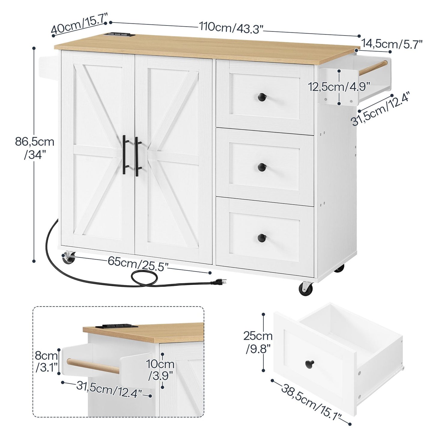 Kitchen Island with Power Outlet, Power Outlets - White & Natural