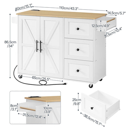 Kitchen Island with Power Outlet, Power Outlets - White & Natural