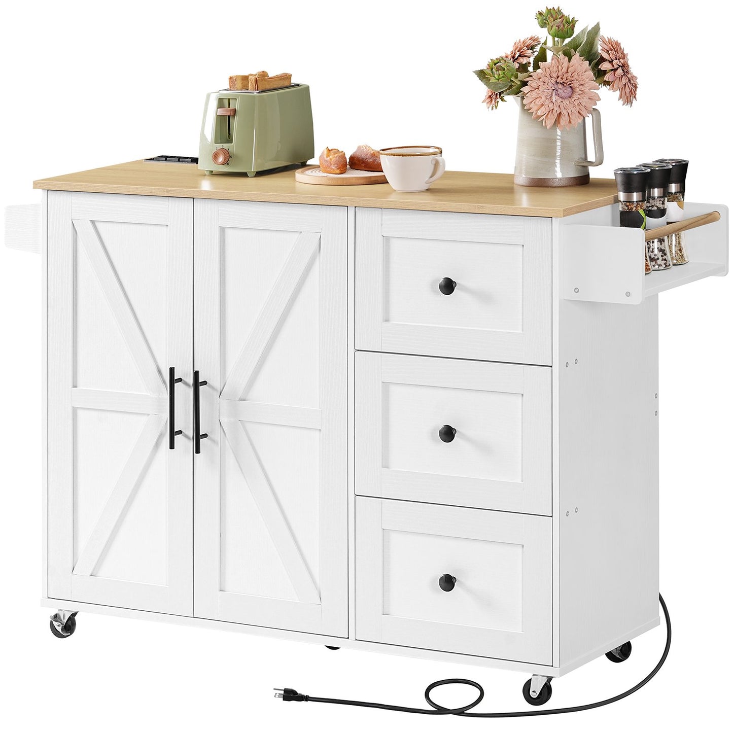 Kitchen Island with Power Outlet, Power Outlets - White & Natural