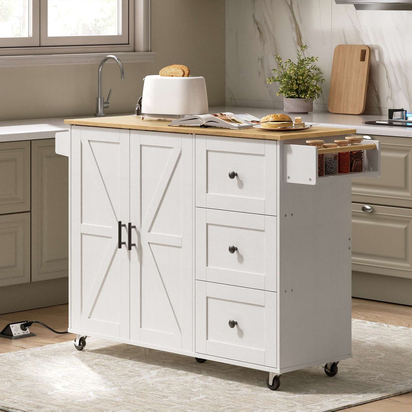 Kitchen Island with Power Outlet, Power Outlets - White & Natural