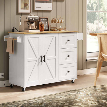 Kitchen Island with Power Outlet, Power Outlets - White & Natural